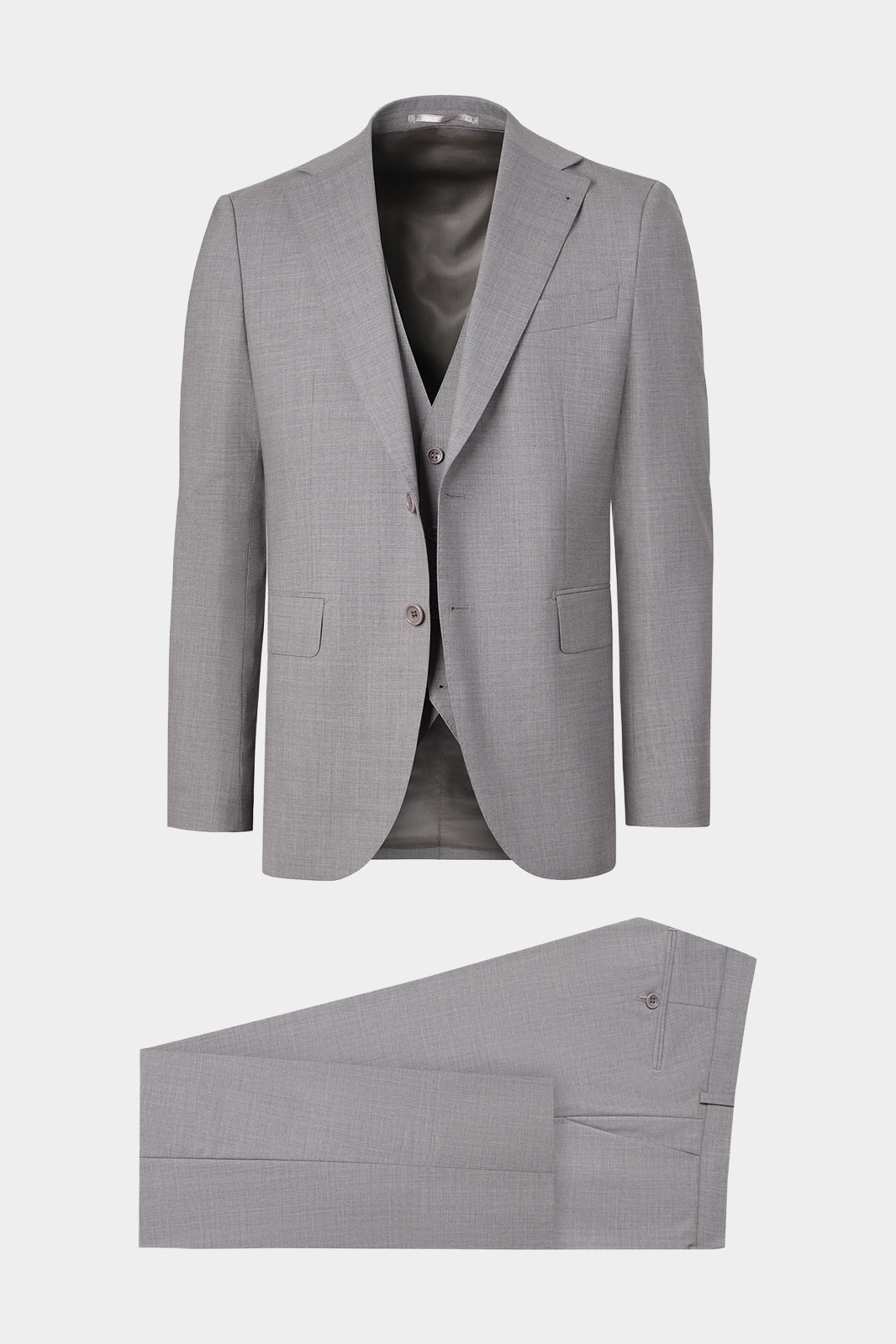 Vue sur fond blanc d'un costume 3 pièces en laine stretch de couleur gris moyen pour homme 