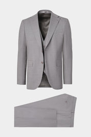 Vue sur fond blanc d'un costume 3 pièces en laine stretch de couleur gris moyen pour homme 