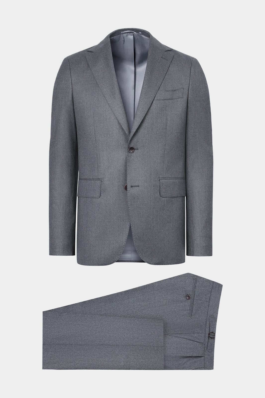 Vue sur fond blanc d'un costume en flanelle gris clair