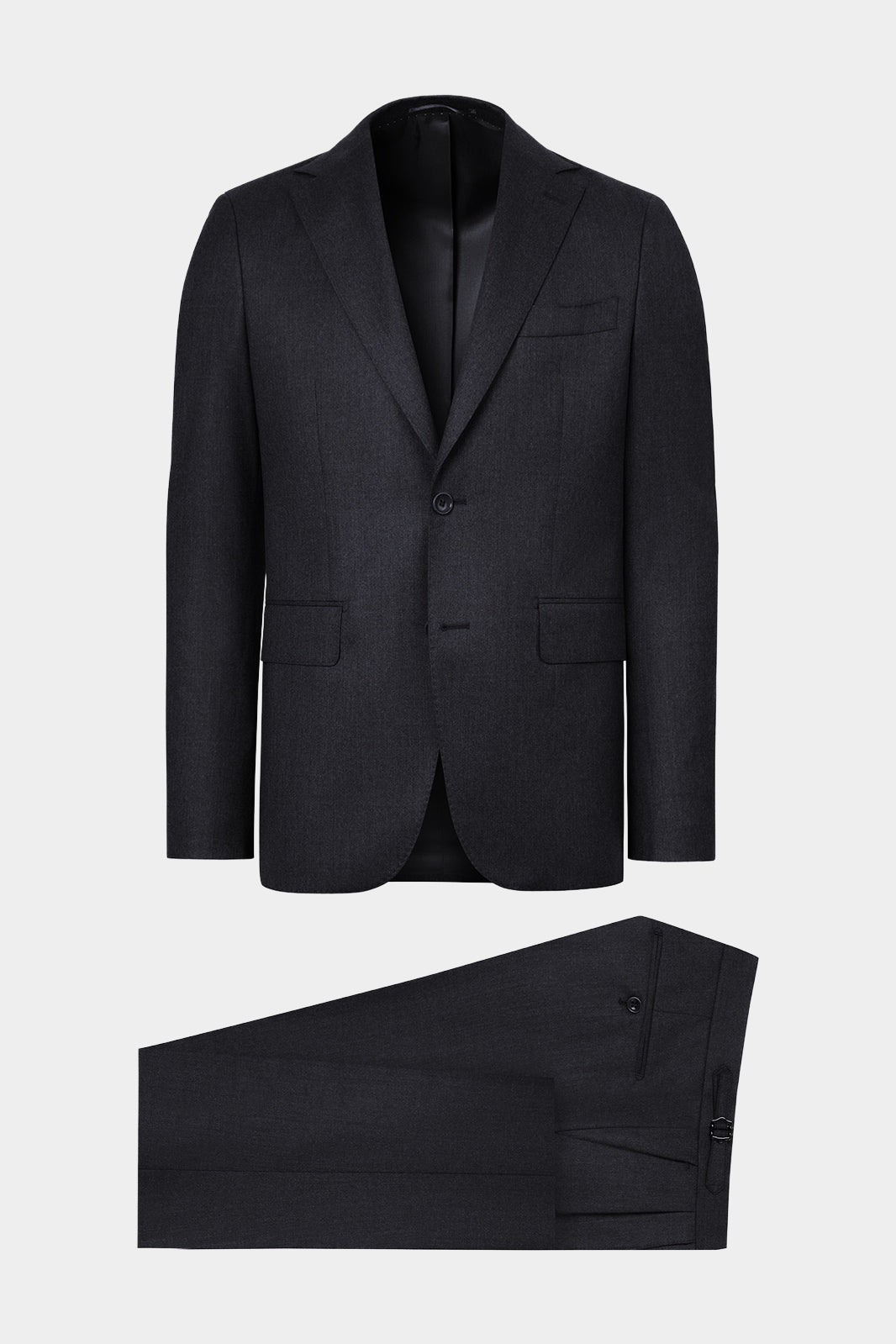 Vue sur fond blanc d'un costume en flanelle de chez Canonico gris foncé