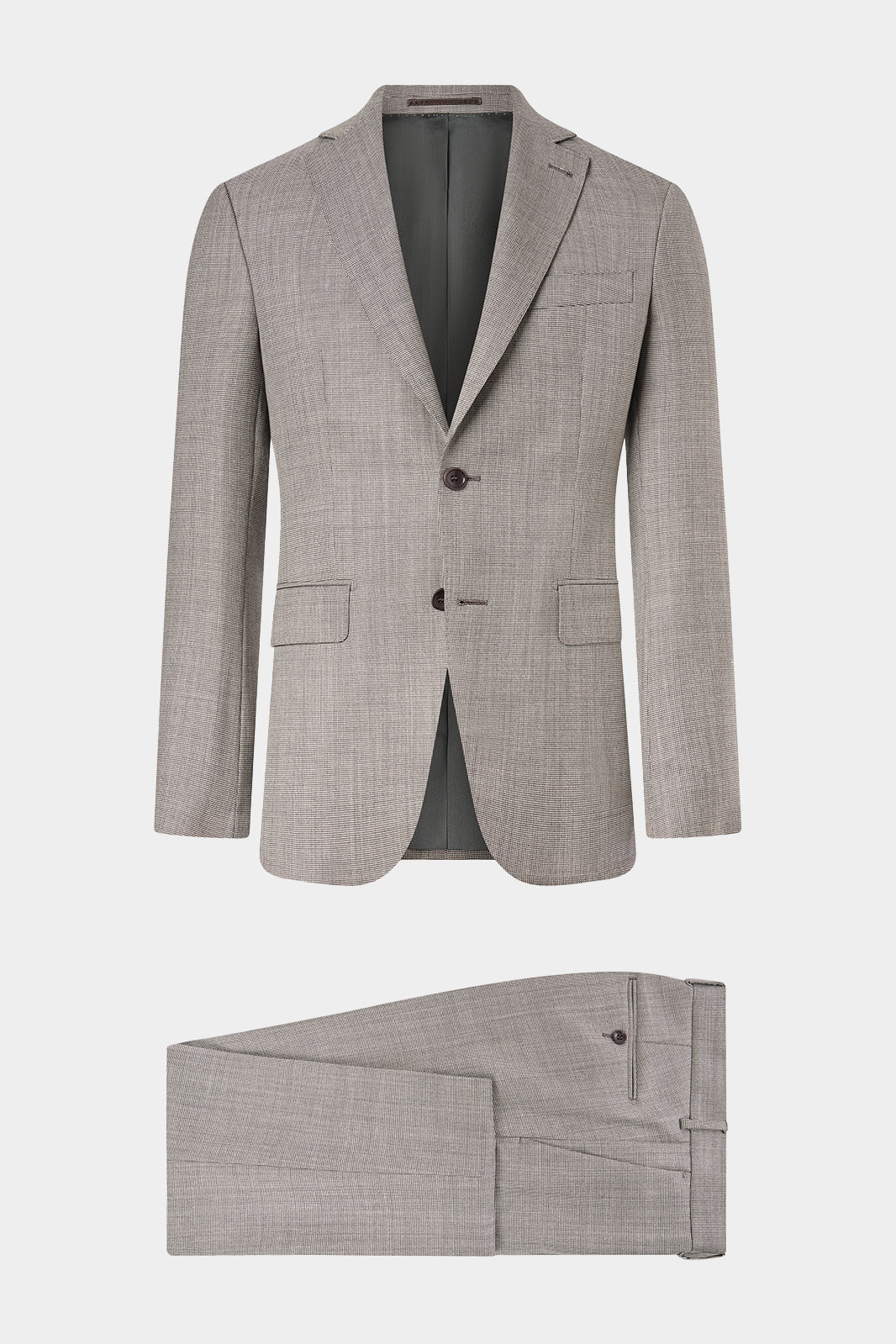 Vue sur fond blanc d'un costume cintré 2 pièces en 100% laine nattée de chez Zegna en beige foncée.