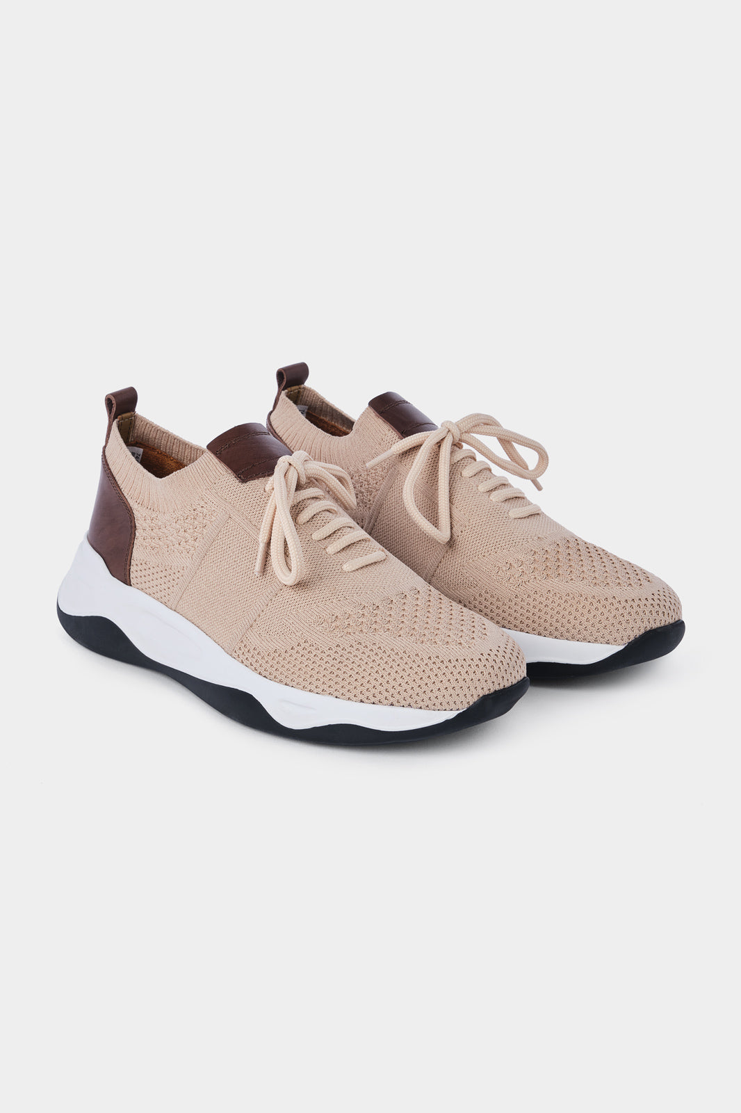 Knitted mesh and leather sneakers - Beige