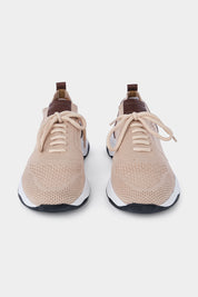 Knitted mesh and leather sneakers - Beige