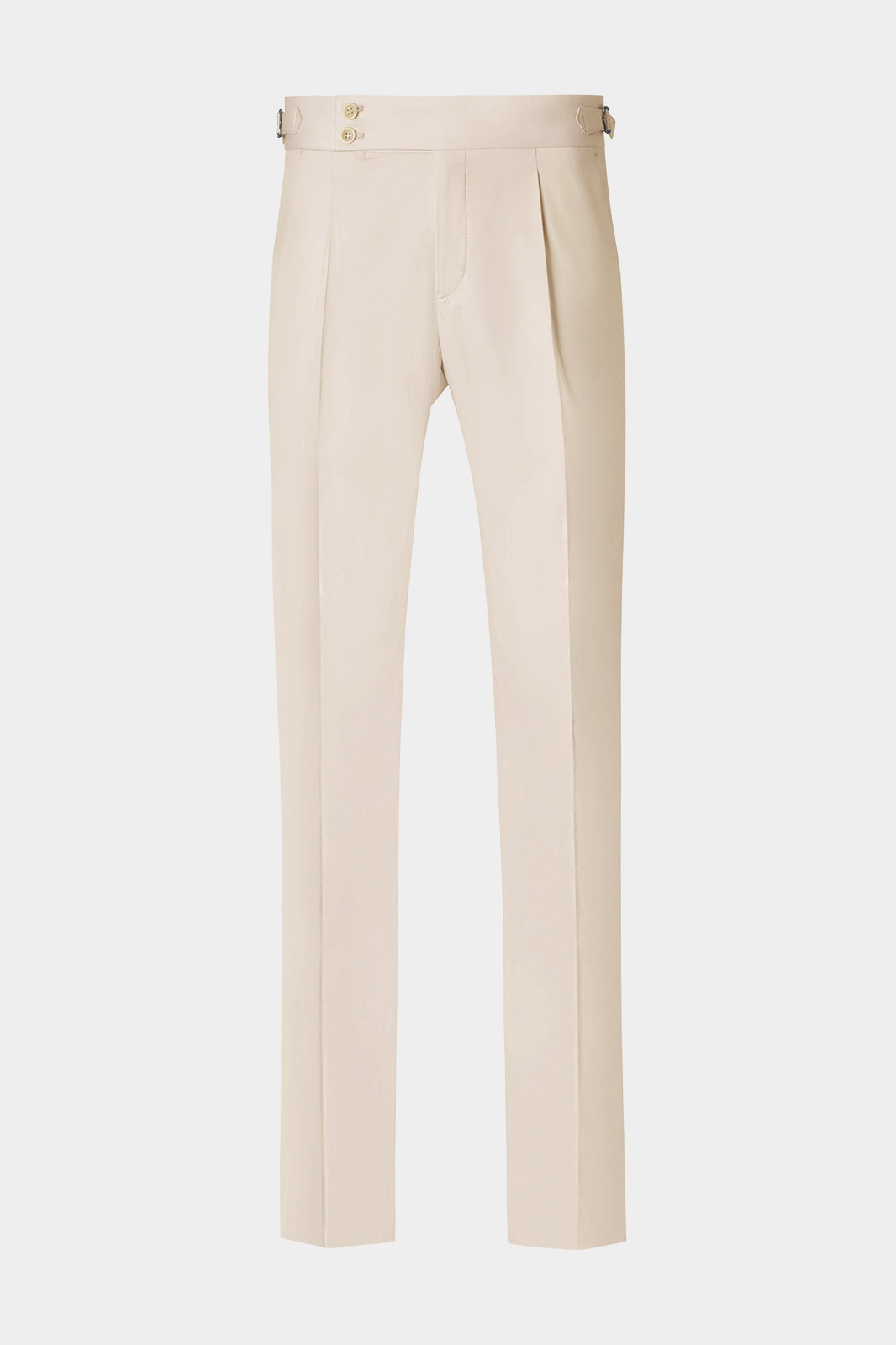 Vue sur fond blanc d'un pantalon en coton à patte de serrage 1 pli en beige. 